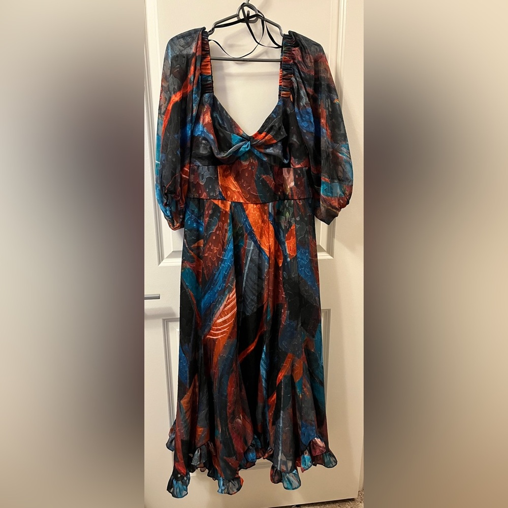 Hutch Printed Twist-Front Puff-Sleeve Ruffle-Hem Dress